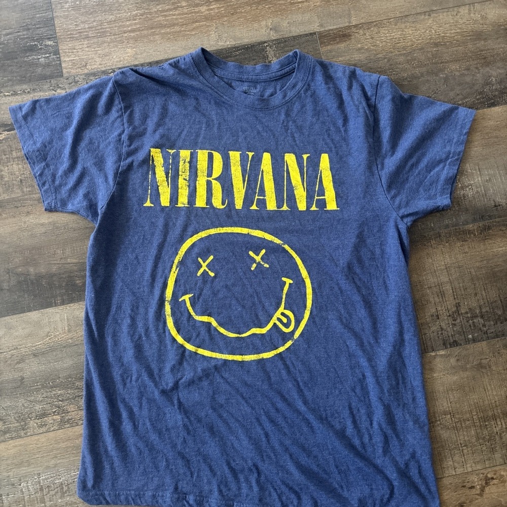 Nirvana Adult L Blue Yellow Graphic Band T-Shirt Smiley Face Grunge